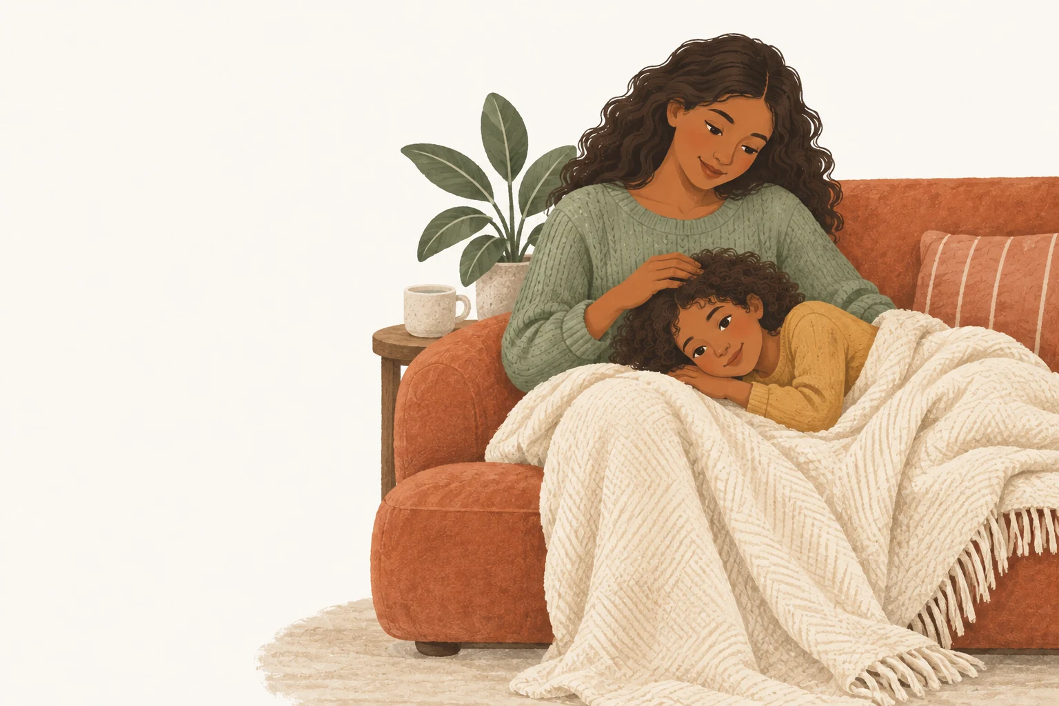 A parent comforting a child on the sofa