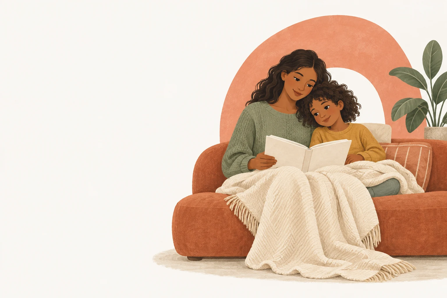A parent and child curled up with a book on a warm terracotta sofa