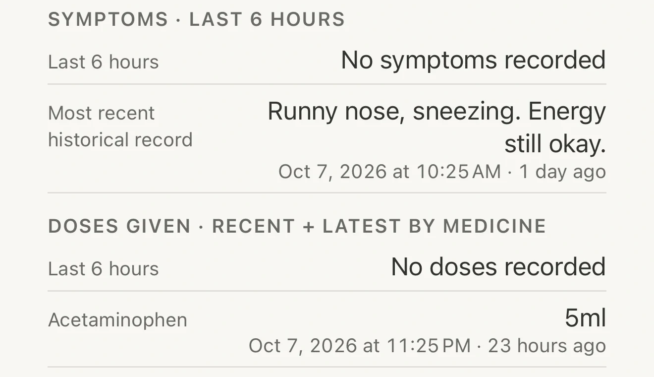 Kiddico handoff: Leo’s recent symptoms and the latest recorded Acetaminophen dose