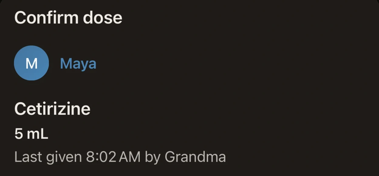 Kiddico: Cetirizine, 5 mL. Last given 8:02 AM by Grandma