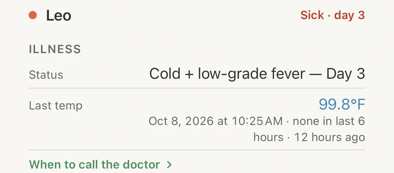 Kiddico handoff for Leo: sick day 3, cold and low-grade fever, last temp 99.8°F