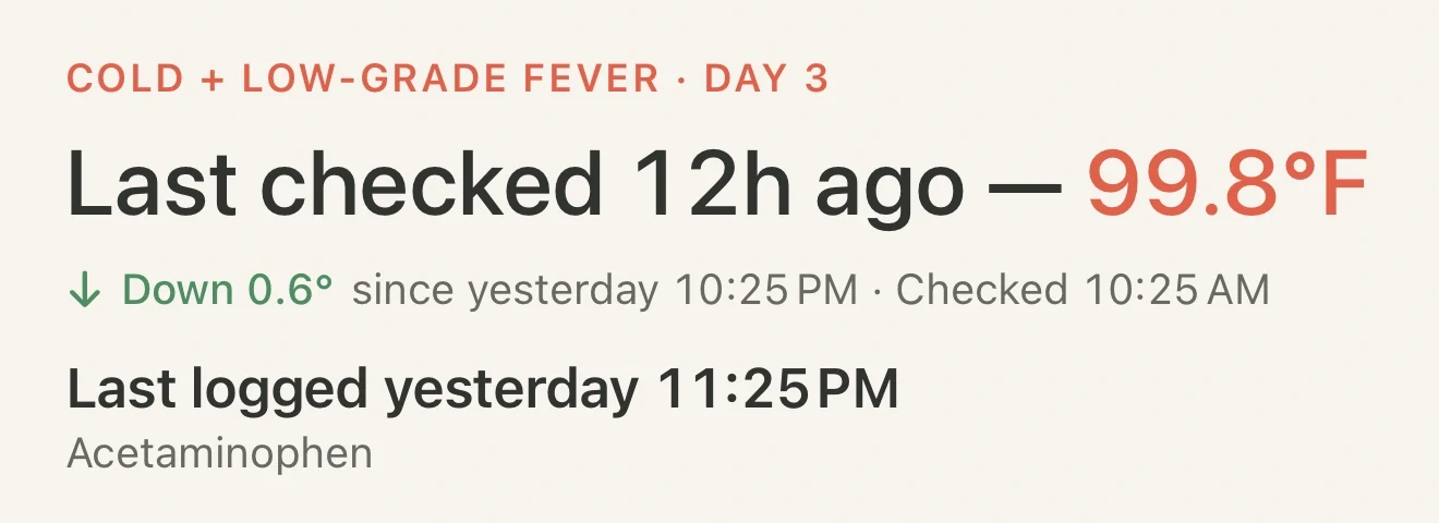 Kiddico: Leo’s cold and low-grade fever, day 3. Last checked 12h ago, 99.8°F. Acetaminophen last logged yesterday 11:25 PM