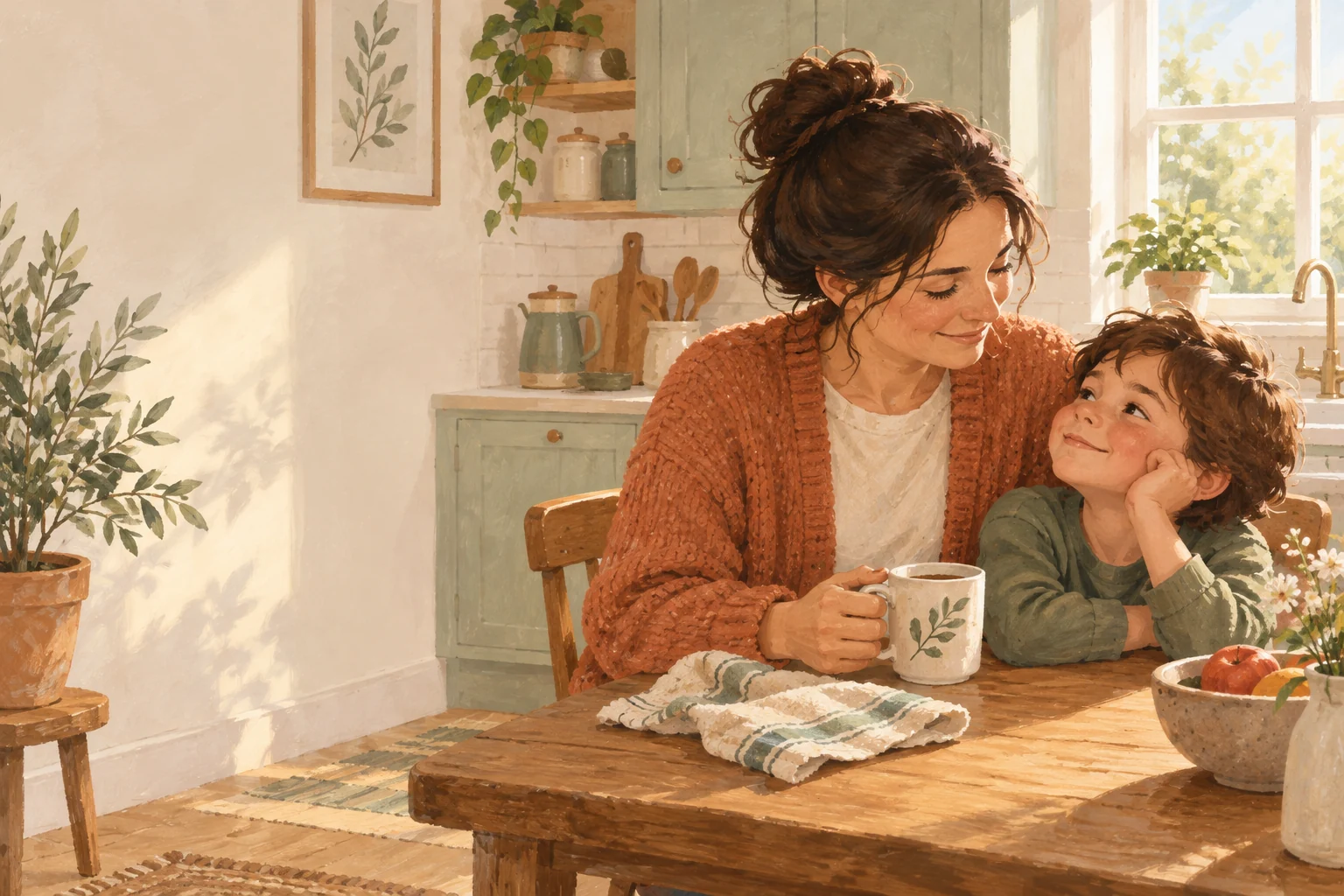 A parent and child together at the kitchen table